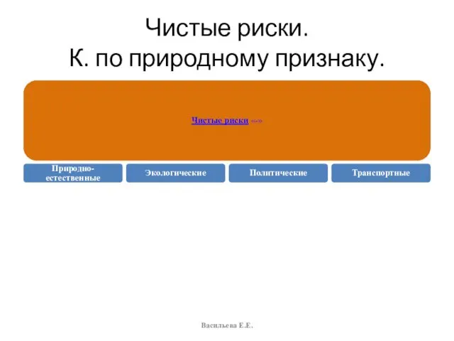 Чистые риски. К. по природному признаку. Чистые риски «-» Природно-естественные Экологические Политические Транспортные Васильева Е.Е.