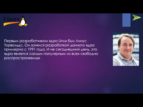 Первым разработчиком ядра Linux был Линус Торвальдс. Он занялся разработкой