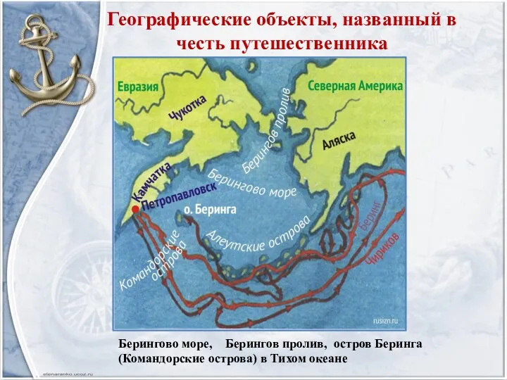 Географические объекты, названный в честь путешественника Берингово море, Берингов пролив,