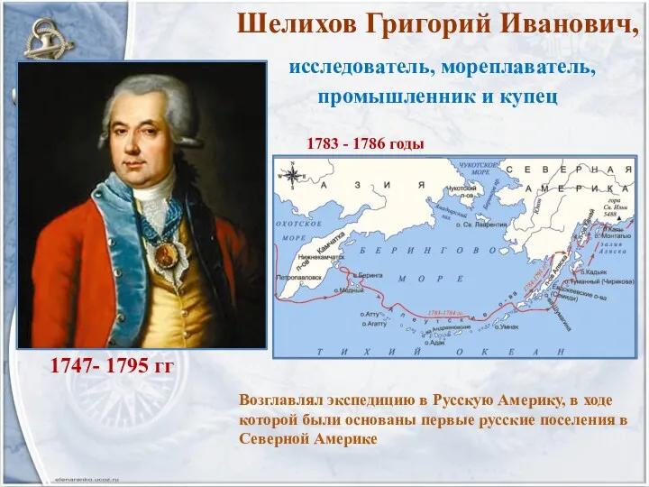 Шелихов Григорий Иванович, исследователь, мореплаватель, промышленник и купец 1747- 1795