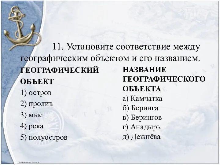 11. Установите соответствие между географическим объектом и его названием. ГЕОГРАФИЧЕСКИЙ