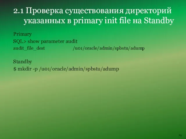 Primary SQL> show parameter audit audit_file_dest /u01/oracle/admin/spbstu/adump Standby $ mkdir