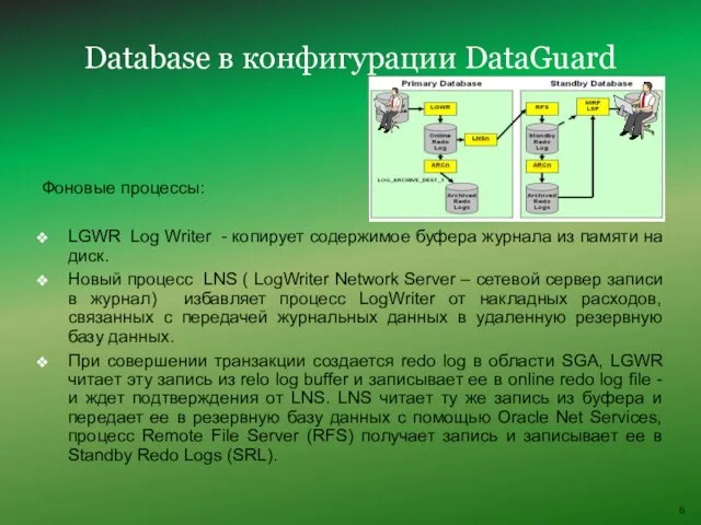 Database в конфигурации DataGuard Фоновые процессы: LGWR Log Writer -