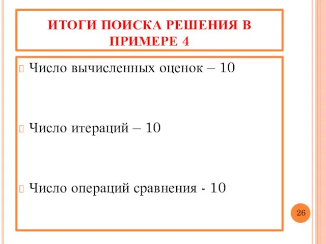 ИТОГИ ПОИСКА РЕШЕНИЯ В ПРИМЕРЕ 4 Число вычисленных оценок – 10 Число итераций