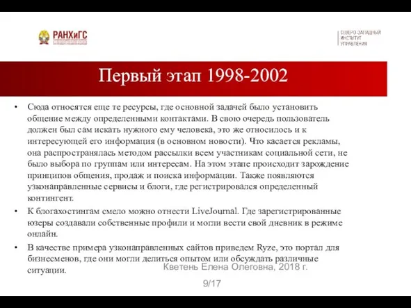 Первый этап 1998-2002 Кветень Елена Олеговна, 2018 г. 9/17 Сюда