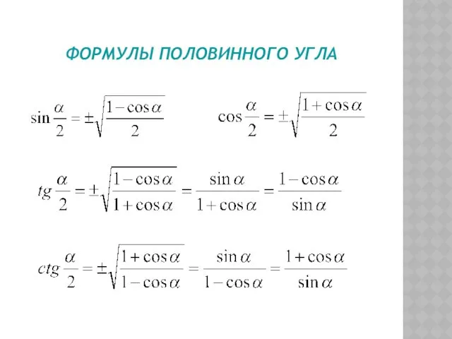 ФОРМУЛЫ ПОЛОВИННОГО УГЛА