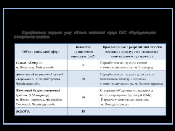 Відокремлення невластивих функцій Передбачається передача ряду об’єктів соціальної сфери ПАТ «Укргідроенерго» у комунальну власність