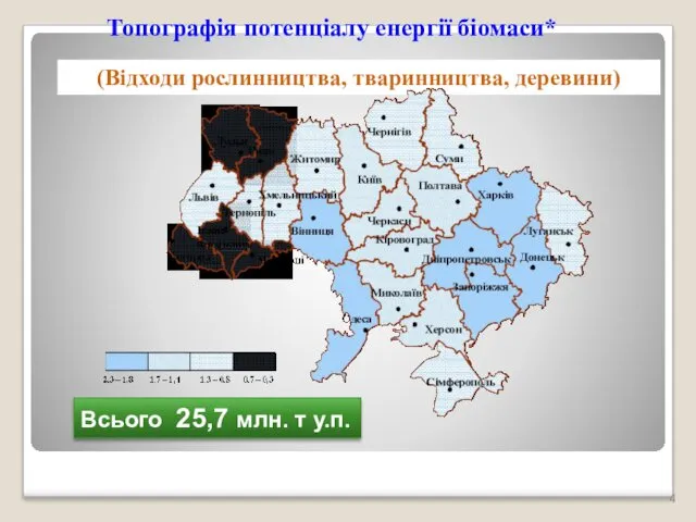 (Відходи рослинництва, тваринництва, деревини) Всього 25,7 млн. т у.п. Топографія потенціалу енергії біомаси*