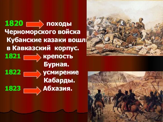 1820 походы Черноморского войска Кубанские казаки вошли в Кавказский корпус.
