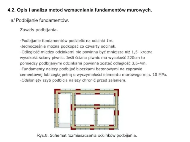 4.2. Opis i analiza metod wzmacniania fundamentów murowych. a/ Podbijanie fundamentów. Rys.8. Schemat rozmieszczenia odcinków podbijania.