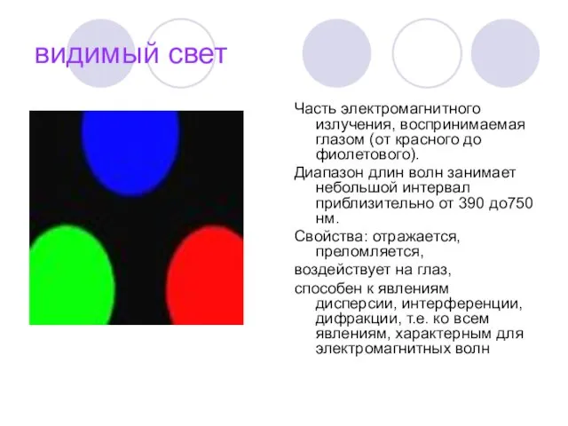 видимый свет Часть электромагнитного излучения, воспринимаемая глазом (от красного до