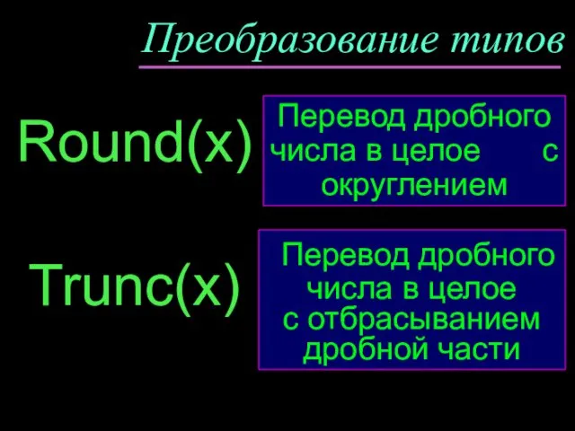 Преобразование типов Round(x) Перевод дробного числа в целое с отбрасыванием дробной части Trunc(x)