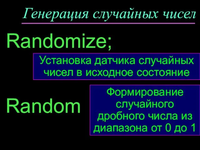 Генерация случайных чисел Random Формирование случайного дробного числа из диапазона