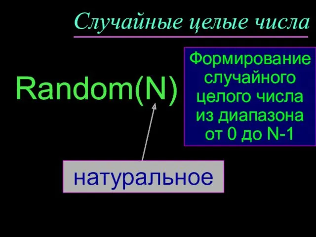 Случайные целые числа Random(N) Формирование случайного целого числа из диапазона от 0 до N-1 натуральное