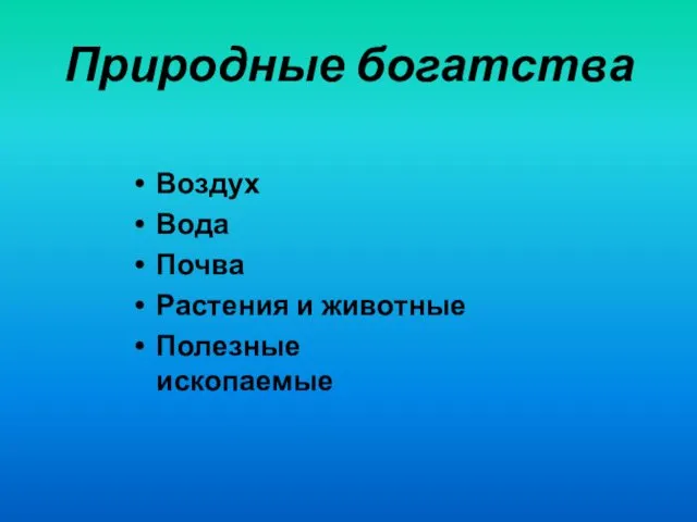 Природные богатства Воздух Вода Почва Растения и животные Полезные ископаемые