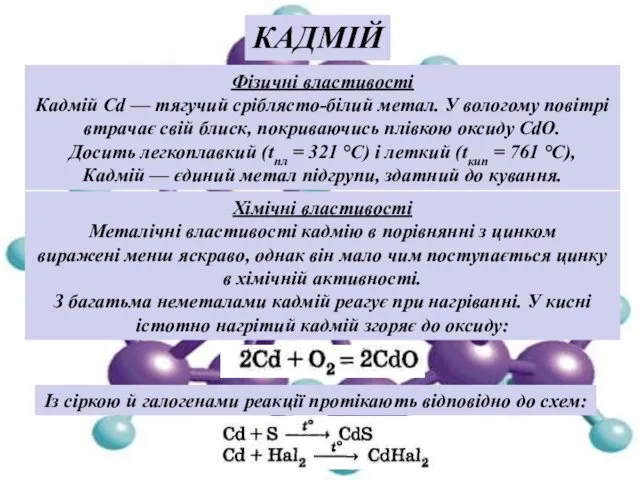 Фізичні властивості Кадмій Cd — тягучий сріблясто-білий метал. У вологому