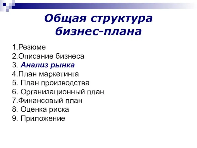 Общая структура бизнес-плана 1.Резюме 2.Описание бизнеса 3. Анализ рынка 4.План