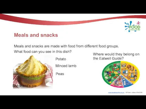Meals and snacks Meals and snacks are made with food
