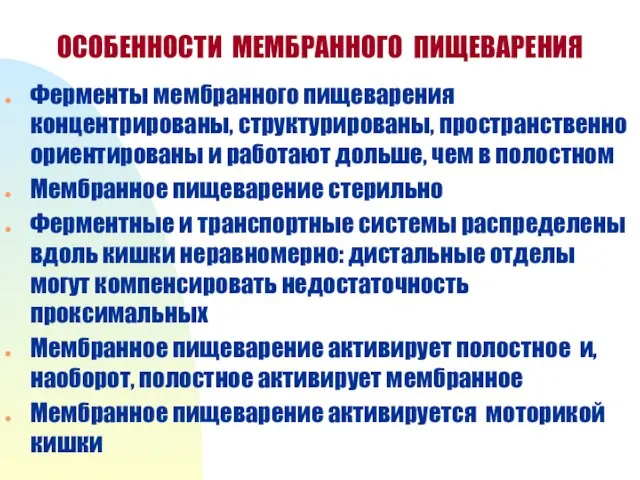 ОСОБЕННОСТИ МЕМБРАННОГО ПИЩЕВАРЕНИЯ Ферменты мембранного пищеварения концентрированы, структурированы, пространственно ориентированы