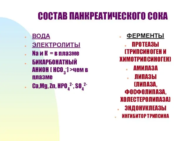 СОСТАВ ПАНКРЕАТИЧЕСКОГО СОКА ВОДА ЭЛЕКТРОЛИТЫ Na и К = в