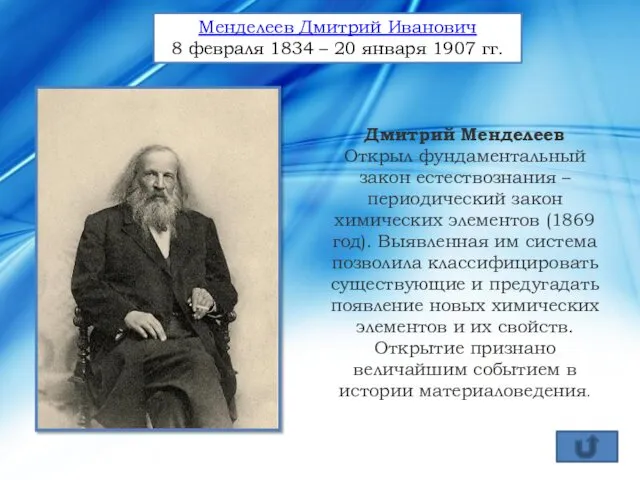 Дмитрий Менделеев Открыл фундаментальный закон естествознания – периодический закон химических