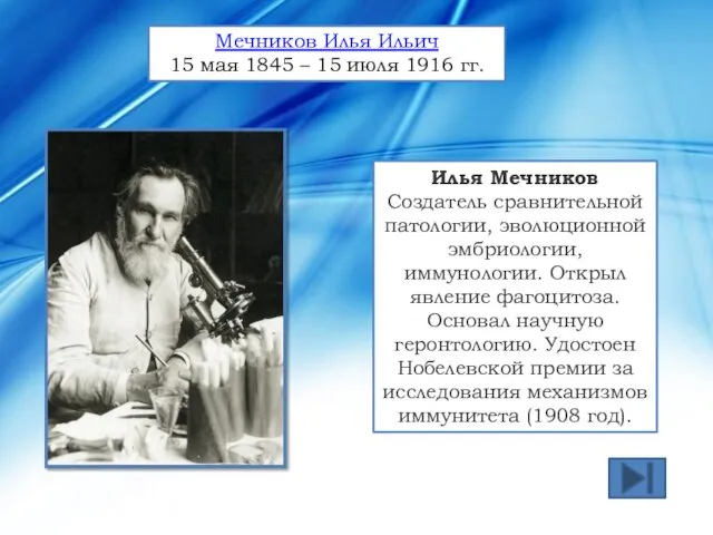 Илья Мечников Создатель сравнительной патологии, эволюционной эмбриологии, иммунологии. Открыл явление