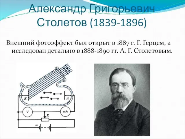 Александр Григорьевич Столетов (1839-1896) Внешний фотоэффект был открыт в 1887