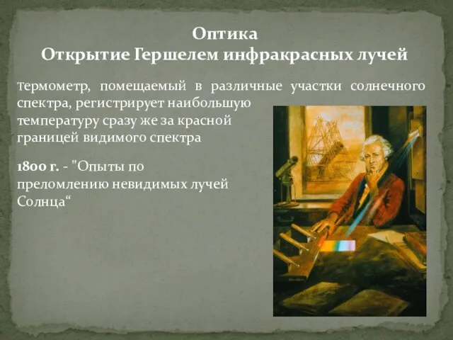 Оптика Открытие Гершелем инфракрасных лучей Термометр, помещаемый в различные участки