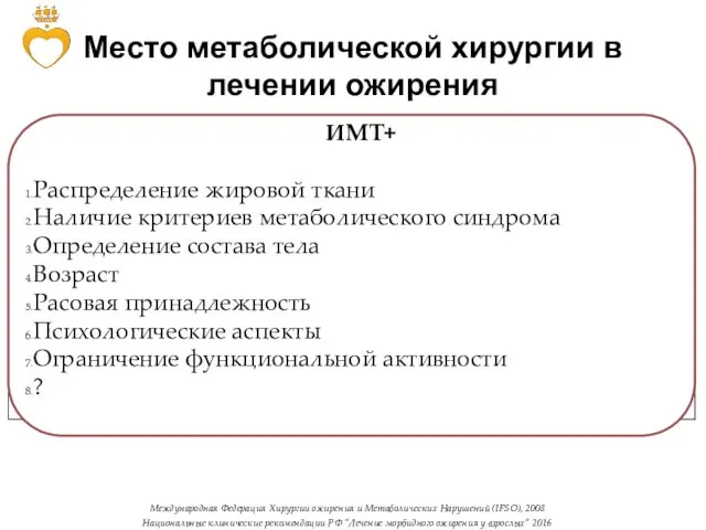 Место метаболической хирургии в лечении ожирения Международная Федерация Хирургии ожирения