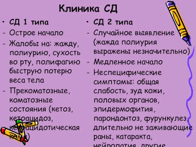 Клиника СД СД 1 типа Острое начало Жалобы на: жажду,