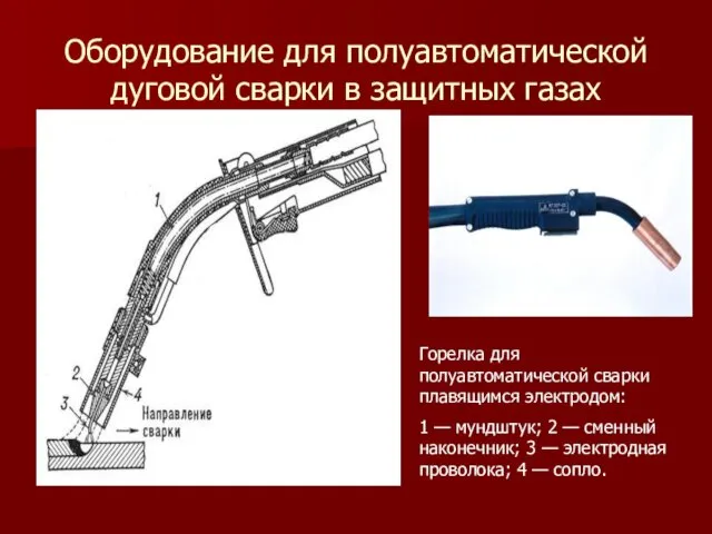 Оборудование для полуавтоматической дуговой сварки в защитных газах Горелка для