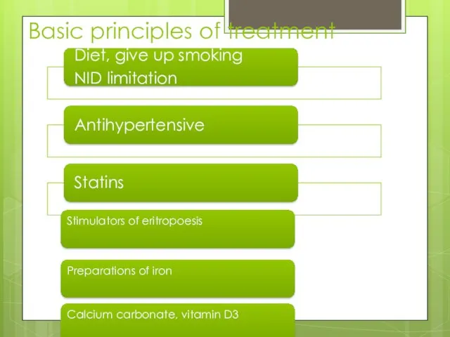 Basic principles of treatment Preparations of iron Calcium carbonate, vitamin D3