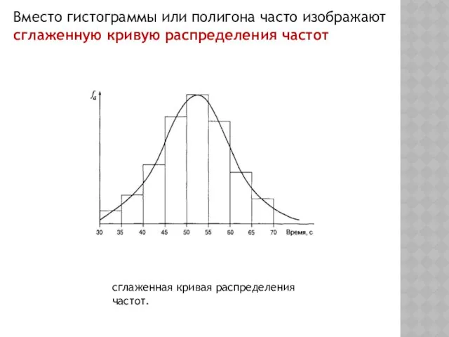 Вместо гистограммы или полигона часто изображают сглаженную кривую распределения частот сглаженная кривая распределения частот.