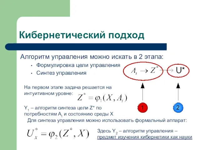 Кибернетический подход Алгоритм управления можно искать в 2 этапа: Формулировка