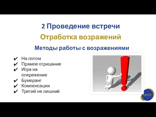 2 Проведение встречи Отработка возражений Методы работы с возражениями На потом Прямое отрицание