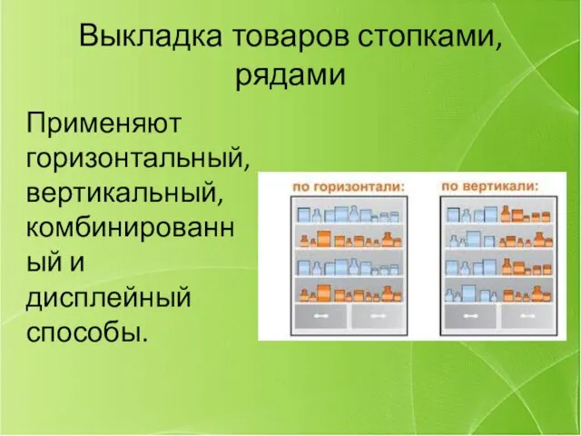 Выкладка товаров стопками, рядами Применяют горизонтальный, вертикальный, комбинированный и дисплейный способы.