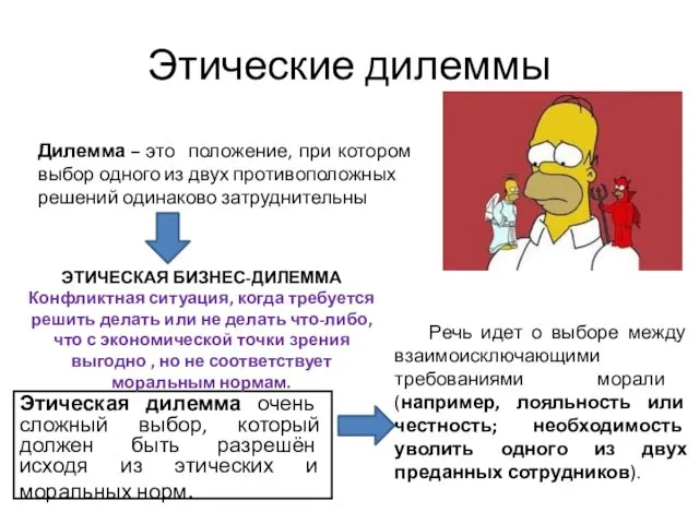 Этические дилеммы Этическая дилемма очень сложный выбор, который должен быть