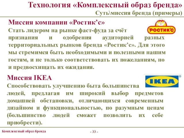 - - Комплексный образ бренда Технология «Комплексный образ бренда» Суть\миссия