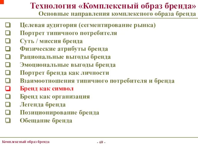 - - Комплексный образ бренда Целевая аудитория (сегментирование рынка) Портрет