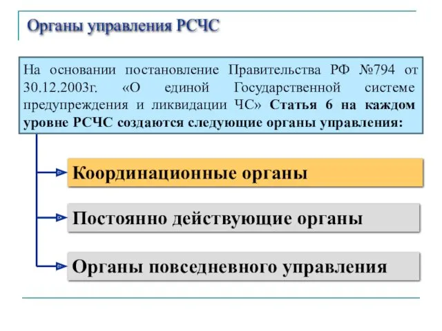 Органы управления РСЧС Координационные органы Постоянно действующие органы Органы повседневного