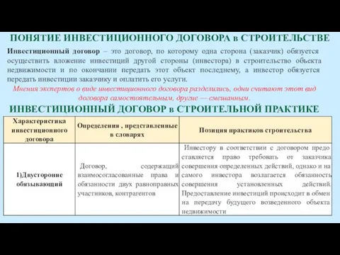 ПОНЯТИЕ ИНВЕСТИЦИОННОГО ДОГОВОРА в СТРОИТЕЛЬСТВЕ Инвестиционный договор – это договор, по которому одна