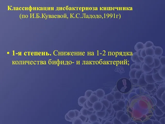Классификация дисбактериоза кишечника (по И.Б.Куваевой, К.С.Ладодо,1991г) 1-я степень. Снижение на 1-2 порядка количества бифидо- и лактобактерий;