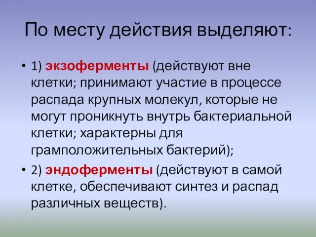 По месту действия выделяют: 1) экзоферменты (действуют вне клетки; принимают