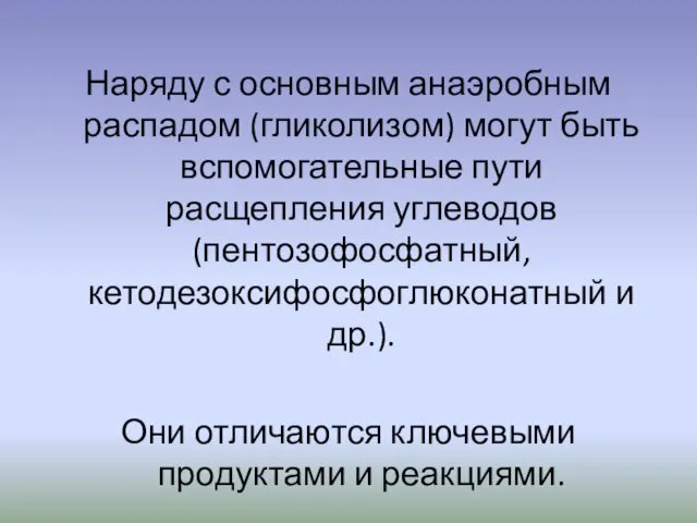 Наряду с основным анаэробным распадом (гликолизом) могут быть вспомогательные пути расщепления углеводов (пентозофосфатный,