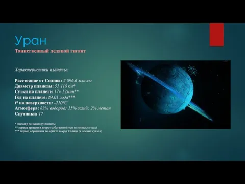 Уран Таинственный ледяной гигант Характеристики планеты: Расстояние от Солнца: 2