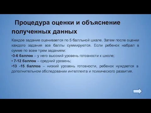 Процедура оценки и объяснение полученных данных Каждое задание оценивается по