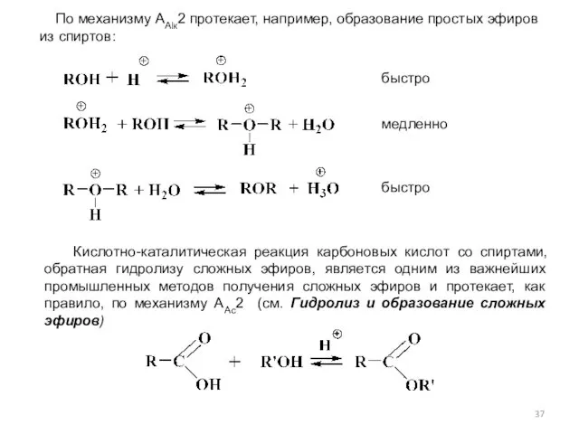 По механизму ААlк2 протекает, например, образование простых эфиров из спиртов: