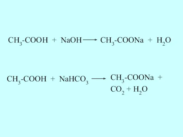 CH3-COOH + NaOH CH3-COONa + H2O CH3-COOH + NaHCO3 CH3-COONa + CO2 + H2O