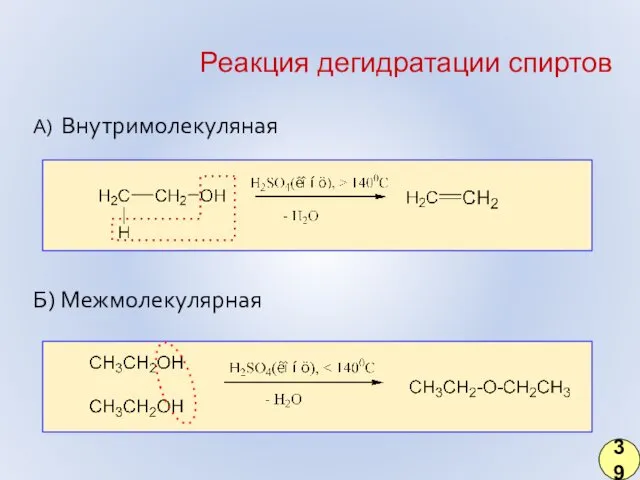 Реакция дегидратации спиртов А) Внутримолекуляная Б) Межмолекулярная 39