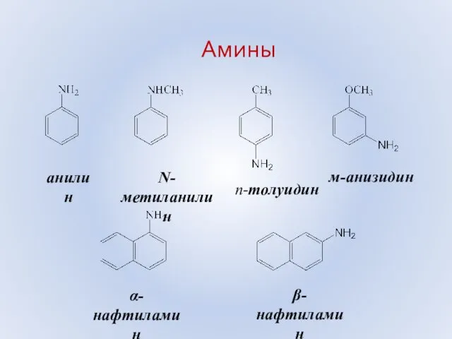 анилин N-метиланилин п-толуидин м-анизидин α-нафтиламин β-нафтиламин Амины